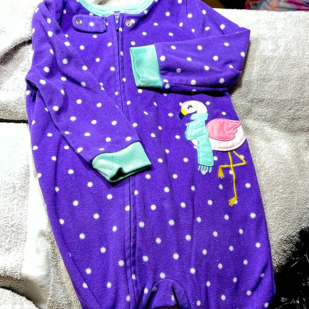 Carters 24 month feetie pajamas purple polka dots with flamingo
